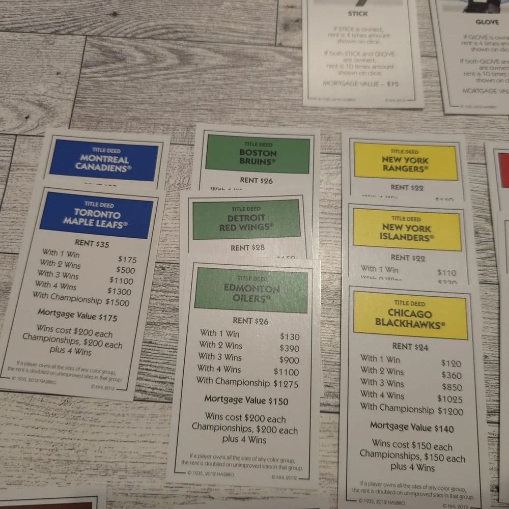 Monopoly NHL Replacement Pieces Money Title‎ Deeds Houses Hotels *NO TOKENS*